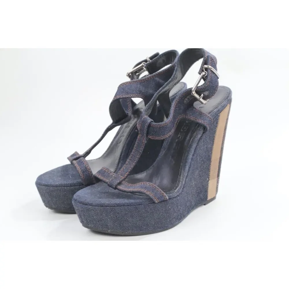 Burberry Navy Denim Buckle Ankle T-Strap Wedge Sandals Designer Shoes Size 38.5 - Picture 2 of 16
